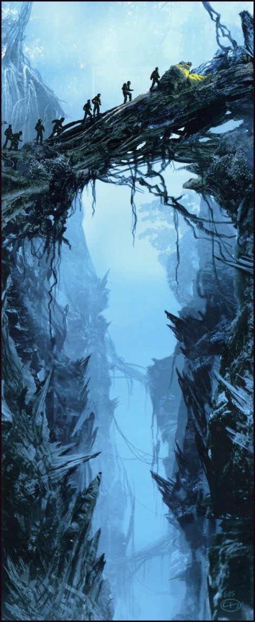 Concept art painting of adventurers traversing a crevasse from Peter Jackson's King Kong
