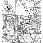 comic book page of a man running through a scale model of a city
