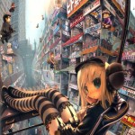 digital painting of an anime girl on a balcony overlooking a fantasy cityscape