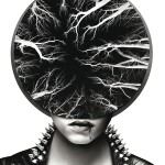 black & white surreal photo-illustration of a punk woman's face with a negative of trees