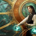 digital painting of a steampunk fantasy submarine captain and a sea monster