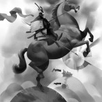 black & white digital painting of a samurai on horseback