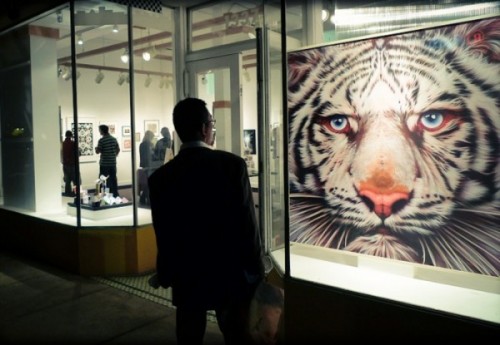 photo of a man looking at a painting of a white tiger in a gallery window