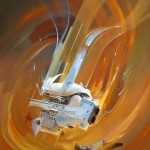 painting of a white spaceship in a nebula