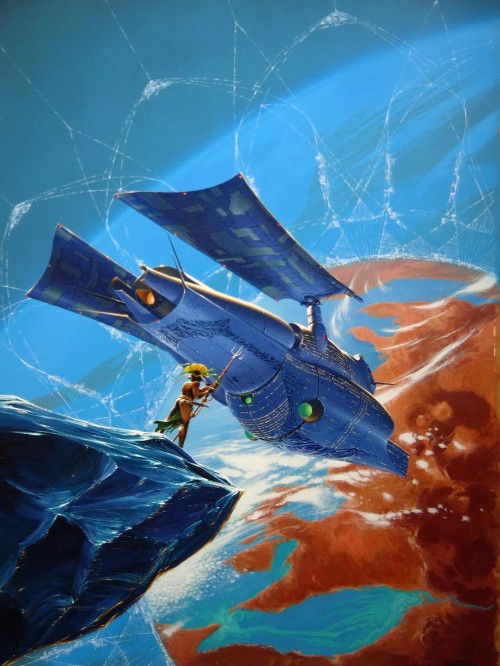 painting of a woman on a meteorite looking at a spaceship heading to a planet - Manchu space art