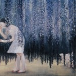 painting of a woman in a white dress under a tree with drooping flowers