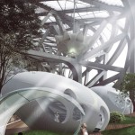 architectural rendering of a complex multi use space with gardens
