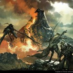 fantasy illustration of adventurers fighting off a bird in front of a volcano