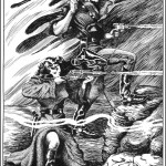 black & white ink drawing of Flash Gordon and Dale Arden shooting rayguns