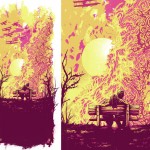 vector illustration of a couple sitting on a bench at sunset