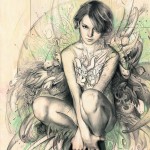 illustration of a crouching woman with short hair and tattooed chest