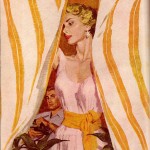 illustration of a blonde woman drawing striped curtains as a man looks on