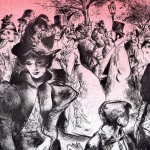 pencil illustration of a crowd of victorian era people in a street