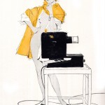 illustration of a woman in a yellow jacket standing behind a projector