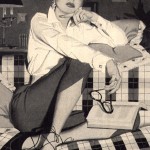 black & white monotone illustration of a woman holding glasses with an open book
