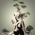 surreal illustration of praying monk with trees growing out of robes