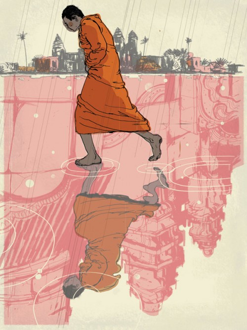 illustration of a buddhist monk walking across a reflective puddle of water