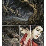 comic featuring a woman ina kimono in a dark forest