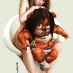 illustration of a nude woman sitting with a cute monster in a diaper