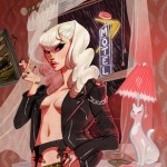 illustration of a blonde woman in a leather jacket smoking a cigarette