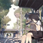 two japanese schoolchidren sit at a bus stop on a leafy tree-lined street