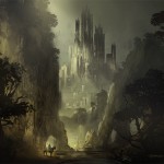 digital painting of a gloomy castle in a valley, and a man on horseback
