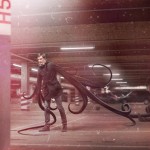 photomanipulation of a man with tentacle arms in a parking lot