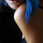 photograph of a girl with blue hair