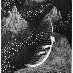black & white illustration by sindey sime of a man in a starfield playing a harp
