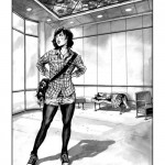 black & white pen & ink drawing of a woman in a lobby