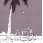 black & white illustration by jean mobius giraud featurng a palm tree ad a beach