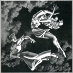 black & white illustration of two figures flying through clouds
