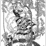 black & white pen & ink picture of a girl and a lamb near trees