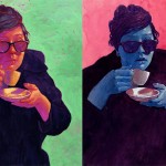diptych illustration of woman drinking from a teacup