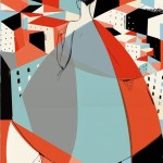 stylised illustration of a woman from the back and a cityscape
