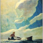 illustration of a boy in a boat on a calm sea with a cloudy sunny sky