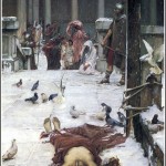 painting by waterhouse of a roman woman's body lying in a treet surrounded by pigeons