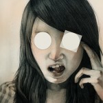 self portrait of a woman making a face, with eyes obscured by overlaid graphic elements