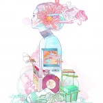 surreal collection of objects including woman's head-shaped bottle-top that blows bubbles