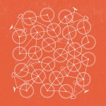 graphic illustration of a tangle of bicycles