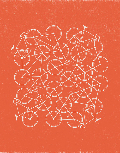 graphic illustration of a tangle of bicycles