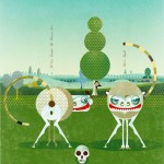 vector artwork of imaginary striped tailed monkeys and a skull