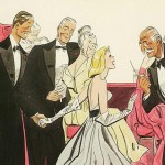 illustration of three men in tuxedos and women in evening gowns