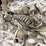 mixed media illustration of nude figures and skeletons