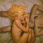 painting of two nude figures on a bed