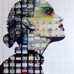 portrait of a woman in profile painted on old floppy disks