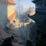 digital painting of assassins stalking a Japanese fantasy town