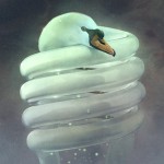surreal painting of a swan fused with an energy saving bulb