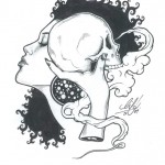 black & white illustration of a woman and a skull
