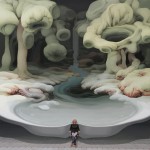 surreal painting of a woman in front of a forest
